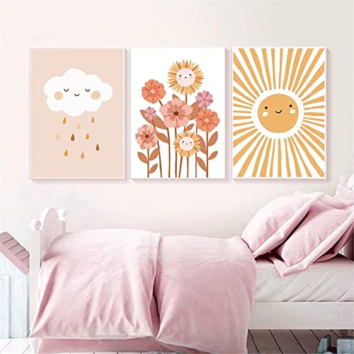 EXQULEG 3er Set Poster Kinderzimmer Regenbogen Wolken Blumen Bilder Ohne Rahmen,Bilder Babyzimmer DIN A4 Boho Deko Junge Mädchen (B)
