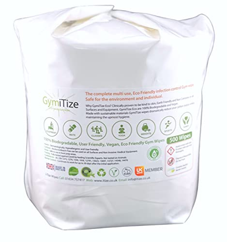 Gymitize Biodegradable Gym Wipes, Surface Wipes, Antibacterial, 100% Biodegradable, Made in the UK, 100% Plant Fibre, 0% Plastic, 500 Refills Per Pack, (1 Pack)