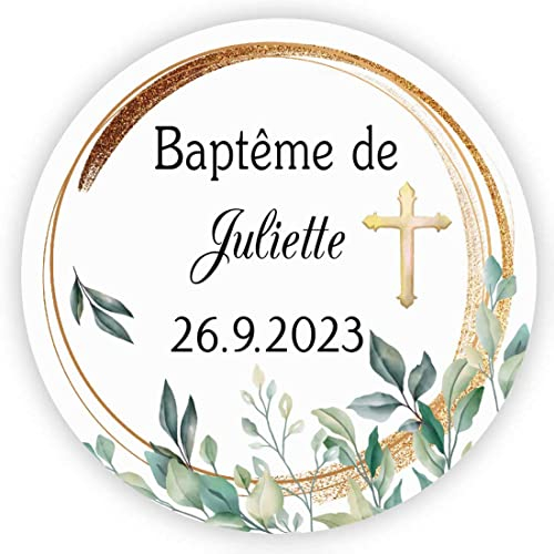 MameArt 50 STICKERS Autocollants Personnalisée Baptême Communion, Prénom et Date, 4cm Étiquettes Autocollants pour Mariage Anniversaire Ans Baptême Cadeaux Fête (Fleurs 1) 1FR1003A