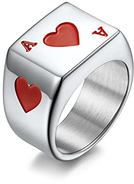Whoiy Herz Ring Partner, Siegelring Gravur Edelstahl Rot Siegelring Herz-Ass für Männer Kostenlos Gravieren