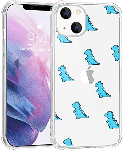 MAYCARI for iPhone XR Case Cute Blue Dinosaur Pattern Design Transparent Shockproof Anti-Scratch Soft TPU Cover with Air Cushion for Women Girls Protective Phone Case for iPhone XR