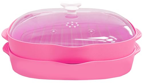 Microwave Bacon Rack Cooker, 2 PCS Grill Tray with Splatter Lid, Large Capacity, Suggest Dishwasher Clean, 9inch, RED