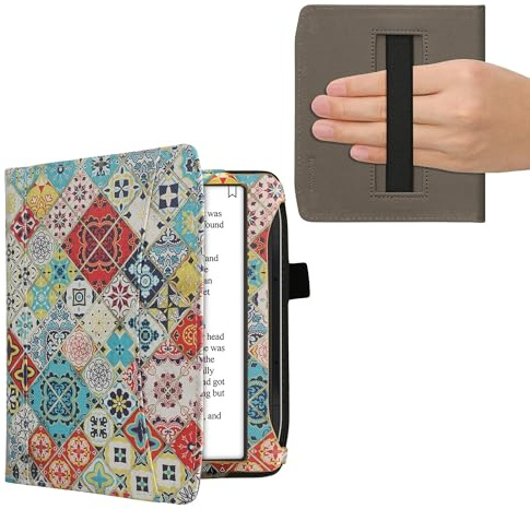 kwmobile Flip Hülle kompatibel mit Pocketbook Era/Era Color/Era Lite - Vorderfach Handschlaufe - Holz Marokkanische Fliesen Mehrfarbig Braun