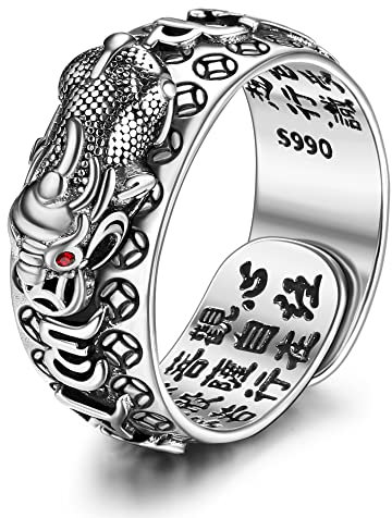 Krfy Feng Shui Pixiu Mantra Ring für Damen und Herren - S990 Silber Schutz Glück Amulett - Reichtum Gesundheit Buddhist Vintage Verstellbar Anillo für Frauen Männer