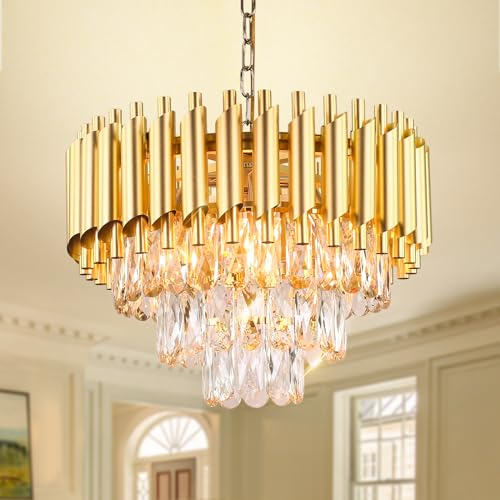 FRIXCHUR 15.7'' Crystal Chandelier Lights Modern Gold Pendant Light 3-Tier Crystal Chandelier Light Fixture Raindrop Flush Mount Ceiling Light for Bedroom Living Room E14x5 Bulb（Not Includ Bulb）