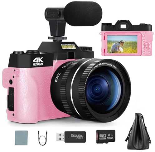 Appareil Photo numérique Photo, Appareil Photo vidéo 4K 48mp, Appareil Photo vlogging Zoom numérique Youtube 16x, Appareil Photo de Voyage avec Carte SD de 32 go et Objectif Macro Grand Angle(Pink)