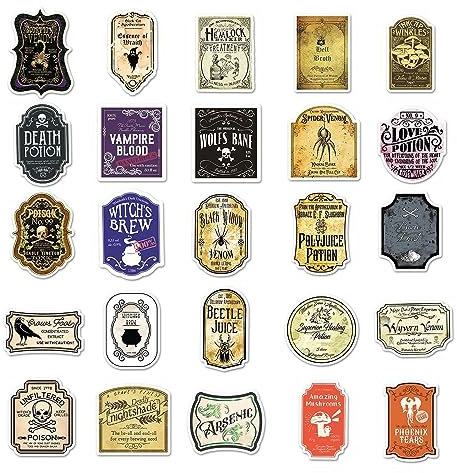 50 Potion Bottle Labels - Halloween Wine Bottle Labels, Guitar Spell Stickers, Retro Aesthetic Skateboard Decals & Halloween Decor