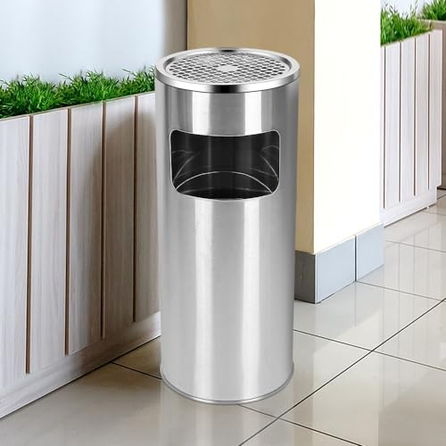 Supfine Papelera con cenicero para interior y exterior Papelera Cenicero sobre pie con cubo interior 12 L, Papelera de acero inoxidable 30 L para hotel, entrada, oficina, jardín exterior