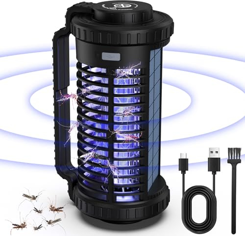 Lampara Antimosquitos Solar, 4200V Antimosquitos Electrico con Luz LED, 3 en 1 Mata Mosquitos para Exteriores e Interiores con USB Recargable para Cocinas, Hogar, Jardín, Patio, Camping, Negro