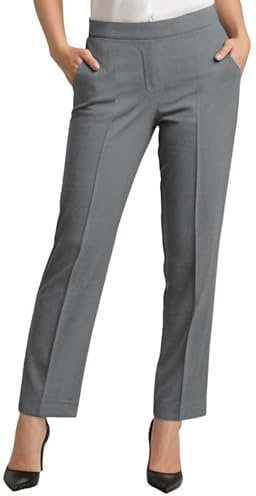 Women Office Trousers Finely Stitched Ladies Formal Pull Up Pants Black Grey Navy (Gry L27 W24)