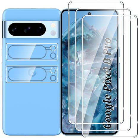 Fyqzio [3+2 Piezas Cristal templado compatible con Google Pixel 8 Pro y protector de pantalla de cámara,sin burbujas,dureza 9H,antiarañazos,HD protector de pantalla