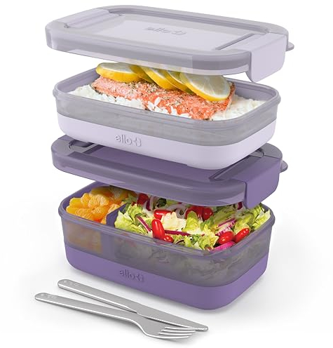 Ello 2-Pack Bento Box Lunch Stack Plastic Food Storage Container | Leak-Proof Locking Plastic Lids | Silicone Base | BPA-Free | Freezer Microwave and Dishwasher Safe | Wisteria
