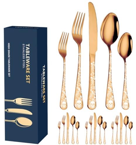 XIAOYU 20-Piece Bizarre Flatware Set, Gothic Skull Silverware Set for 4, Skeleton Flower Unique Pattern Design, Knives/Forks/Spoons Cutlery Set Halloween Event Tableware Utensils, Rose Gold