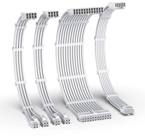 EZDIY-FAB 12VHPWR PSU Kabelverlängerung Kit,16AWG PCIE 5.0 Stromversorgungskabel Verlängerung-1x 24 Pin ATX /2X 8Pin (4+4) EPS / 1x12+4 pin,Sleeve Kabel 300MM mit Kämmen-Alle Weiß