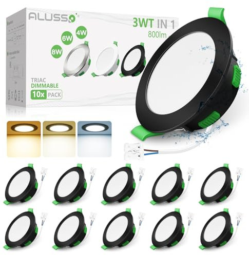 ALUSSO LED Einbaustrahler 230V Dimmbar Flach Schwarz LED Spots 68mm, 3WT 4W 6W 8W 3CCT 3000K Warmweiß 4000K Neutralweiß 6500K Kaltweiß IP44 Einbauleuchten für Badezimmer Küche Wohnzimmer, 10er Set