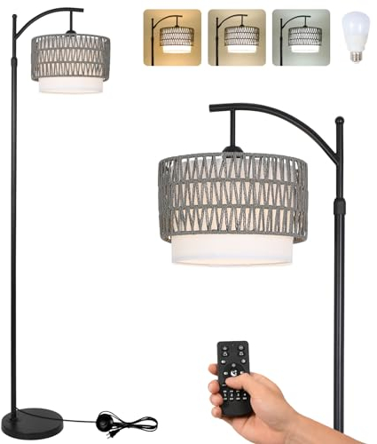 Rayofly Dimmbare Stehlampe Wohnzimmer, Rattan Stehlampe mit Fernbedienung, App-Steuerung, Boho Stehleuchte mit Rattan & Leinen Lampenschirm, Vintage Standleuchte für