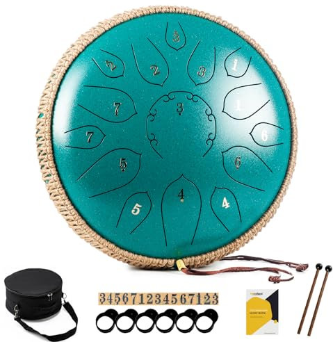 MeloBeat Zungentrommel 12 Zoll 15 Töne - Professionelles Steel Tongue Drum Handpan Set in D Dur inkl. Zungentrommel Liederbuch, Schlagzeug Sticks und Trommel Tragetasche (Grün)