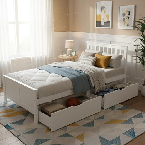 Soweiz Einzelbett, Jugendbett, Holzbett, Erwachsenenbett, mit Schubladen zur Aufbewahrung, Rahmen aus Kiefernholz, weiß (90x200cm)