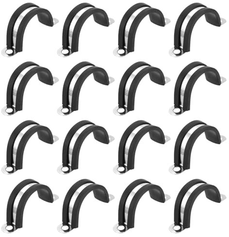 sourcing map 16Pcs 30mm/1.18Inch Cable Clamps, 304 Stainless Steel Rubber Cushioned U-Tube Strap Clamp Metal Tube Holder for Pipe, Wiring Fixing