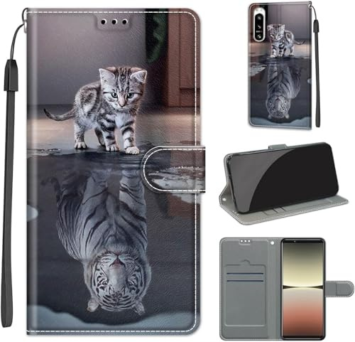 TOMYOU Handyhülle für Sony Xperia 5 IV Hülle, Katze und Tiger | Standfunktion, Kartenfach, Magnetisch, Stoßfeste Schutzhülle, Flip Leder, Klapphülle