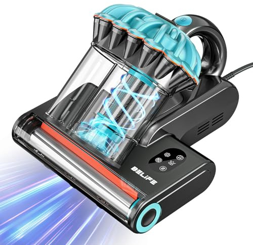 Belife M8 - Aspiradora de colchón antialérgica para cama con aire UV y caliente y alta calefacción, 550 W y 18 Kpa potente aspiradora de doble taza de succión para cama, sofá, cable (azul)