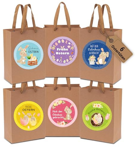 6 Ostertüten zum befüllen - XL Geschenktüten Ostern Set mit Motiv Hasen, Blumen und Küken - Ostern Papiertüten - ideale Mitgebsel Geschenkidee oder Oster Dekoration