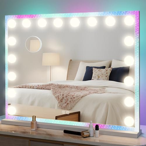 YOURLITE Miroir Maquillage avec 18 Ampoules et éclairage RGB, 80 x 60 CM, pour Coiffeuse LED Dimmable et 3 Couleurs de Lumière, avec Loupe Grossissant 10x, Interrupteur Tactile, Blanc