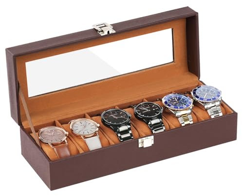 OFFCUP Porta Orologi a 6 Posti Scatola Portaorologi in PU, Scatola per Orologi con Coperchio in Vetro Fodera Marrone Custodia Orologi Scatola Portagioielli per Orologi Uomo Donna pIdea Regalo, Marrone