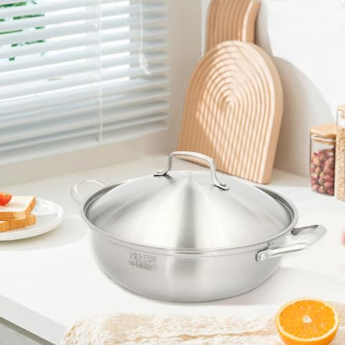 LSyySy Stainless Steel Wok, Frying Pan with Lid, Sturdy Handles, Stir-Frying Pan with Steamer Rack, Compatible with Induction and Gas Stoves, Ovens, 30cm/32CM