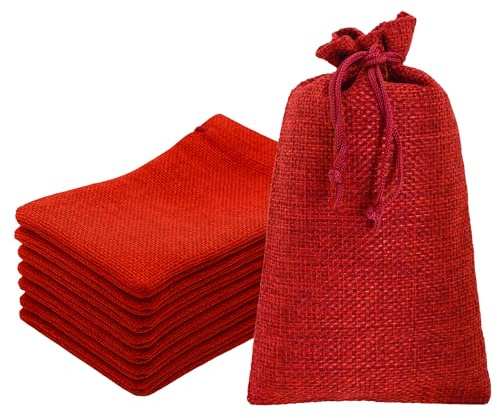 Mandala Crafts 8X10 Inch Red Burlap Drawstring Gift Bags for Favors - 20 Large Linen Sacks Gift Pouches for Candy, Coffee, Jewelry, Wedding, and Party Supplies