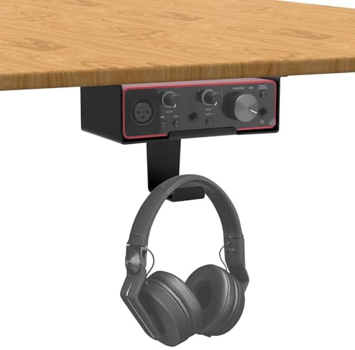 FSNIWEKO Under Desk Mount for Focusrite Scarlett Solo 3rd Gen/Solo 4rd Gen with Headphone Hanger Stand,Under Desk Metal Shelf Organizer for Audio Interfaces and Studio Gear (Black Holder Only)