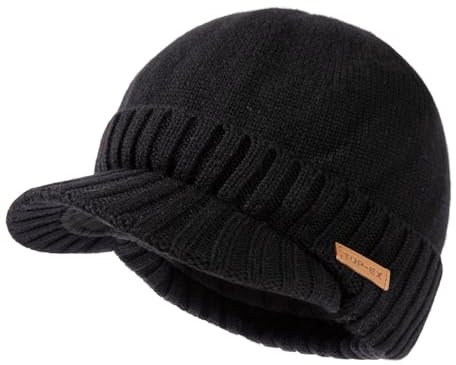 TOP-EX Herren Winter Mütze Wasserdicht Fleece Wollmütze Merino Wolle Beanie Hat Mit Schirm Strickmütze Men Damen Cap Gefütterte Sport Schwarz M/L