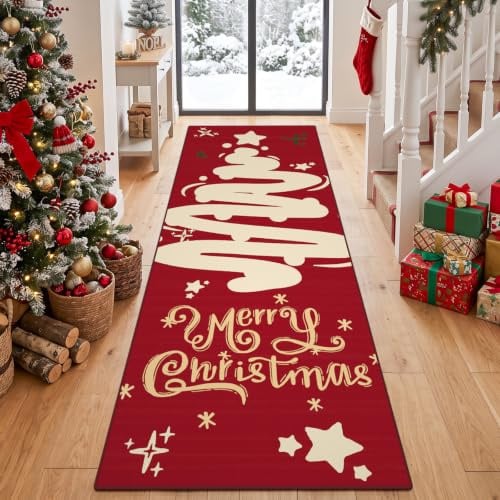 GEANUP Weihnachtsteppich Läufer 60x180cm Waschbar Weihnachtsbaum Läufer Rot | Rutschfest Küchenläufer, Weicher Teppichläufer, Kurzflor Flurteppiche Läufer für Schlafzimmer Waschküche Winterdekoration