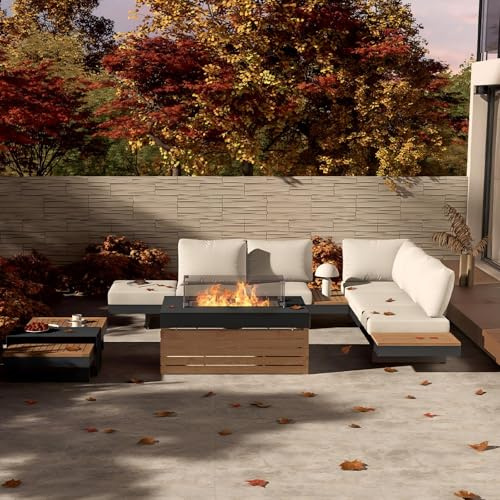 Homary 6-Teiliges Aluminium- Und Teak Outdoor Sofa Set Mit Feuerstelle, Glas-Windschutz Und Modularer Patio Conversation Set Für Terrasse, Balkon & Garten, Beige