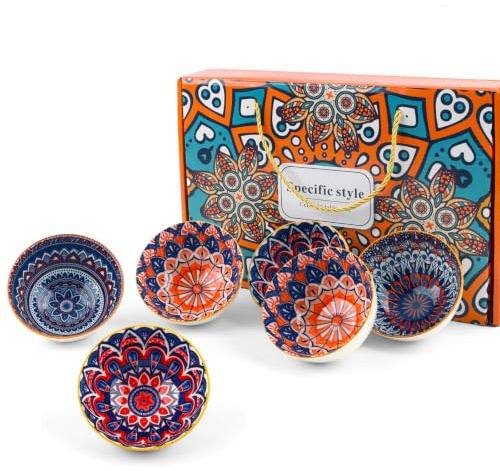 Ceramic Serving Bowls - Ceramic Rice Bowls 10 oz,Bohemian Style Pottery Bowls Set of 6,Kitchen Tableware Small Bowls for Rice, Dipping,Soup, Dessert, Snack,Fruits,Dishwasher & Microwave Safe