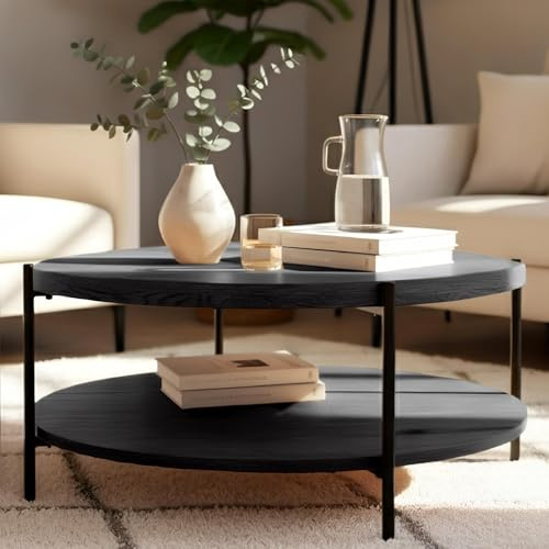 CLP Couchtisch rund Holz Edduma, Sofatisch 2 Ebenen mit Stauraum, Beistelltisch klein Metallgestell schwarz Farbe grau Größe Ø 80 cm