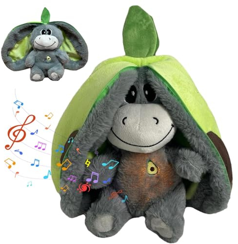 HBSFBH Fruchtesel Plüschtier, Atmendes Stofftier, Atmender Esel, Schlafender Esel mit Musiklichtern, Musik-Frühpädagogik-Puppen-Plüschkissen für Kinder, Atmender Plüsch, zum Kuscheln und Spielen