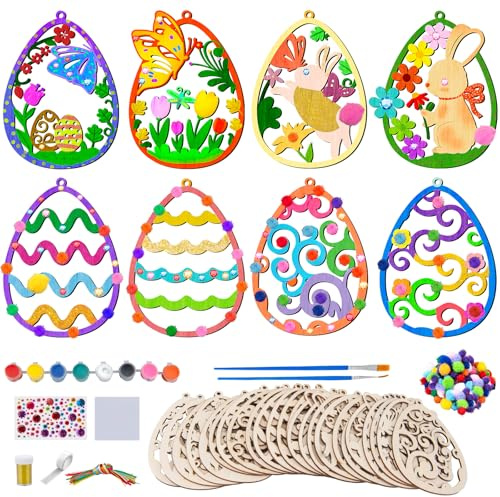 Isisyu Oster Basteln Kinder 200 Stück Holz Ostereier zum Bemalen Bastelsets Kinder Holzanhänger Ostern zum Bemalen mit Pompons, Deko Schnur, Osteraufkleber