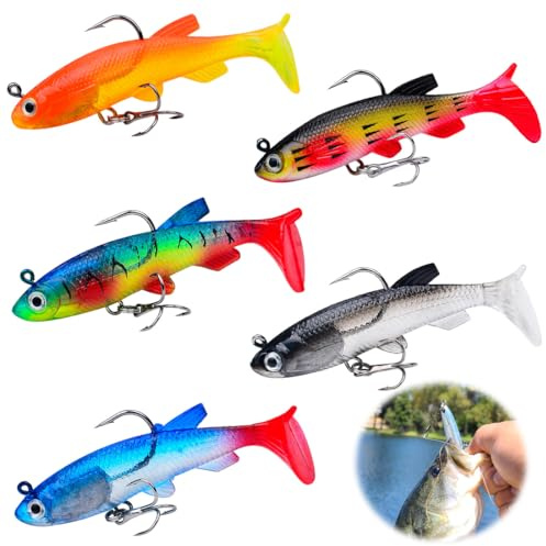 DOVBAN 5 Pezzi Esche Artificiali Da Pesca In Silicone Mare Esche Da Pesca Morbida Swimbait Artificiale Con Ami Da Pesce Punte Nuoto Esca Pesce Per Spigole Bass Lucci Trote Pesci Carnivori