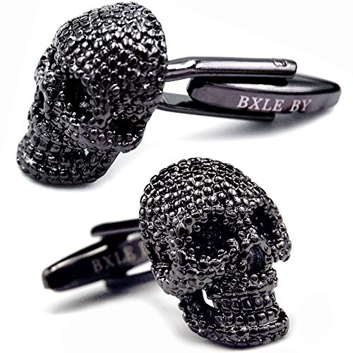 BXLE BY Skull Cuff Links for Men, Mens Halloween Cufflinks, Cool 3D Pirate Skeleton Jewelry, Gothic Funny Black Clasp Button, Skull Accessories Gifts for Men