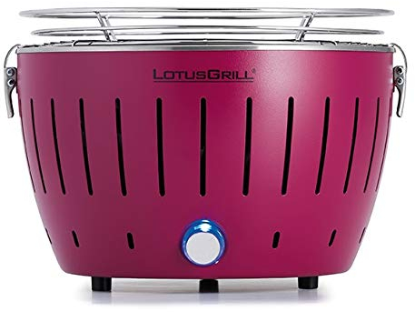 LotusGrill S Small Kompakt Pflaumenlila der raucharme Holzkohle-/Tischgrill in verschiedenen Farben. Stromversorgung via USB-Anschluß oder Powerbank. Für Camper, Wanderer und auf dem Boot geeignet