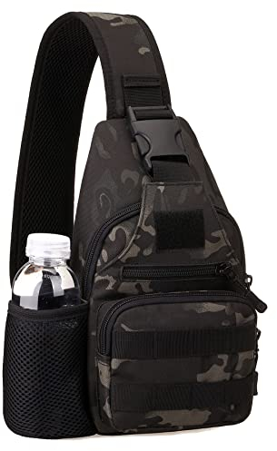 HUNTVP Tactical Military Chest Bag Molle Crossbody Shoulder Sling Pack Backpack with Water Bottle Holder USB Outlet Camo