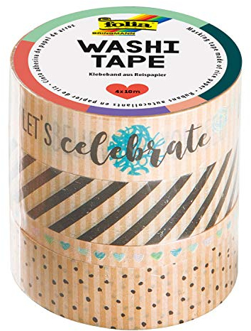 folia 26447 - Washi-Tape, Klebeband aus Reispapier, 4er Set Kraftpapier Let's celebrate, 3 Rollen 10 m x 15 mm und 1 Rolle 10 m x 5 mm, ideal zum Verzieren und Dekorieren, für Scrapbooking