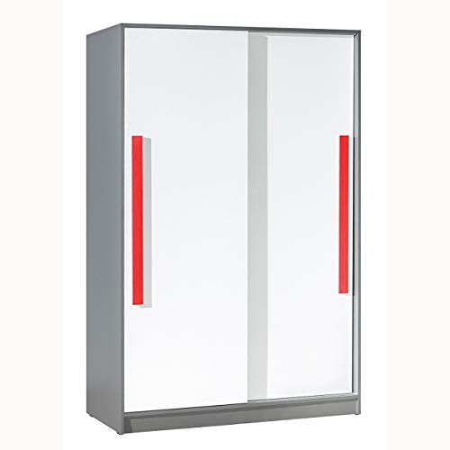 Furniture24 Schwebetürenschrank GIT 13 Kleiderschrank mit 4 Einlegeböden und Kleiderstange, Schrank für Jugendzimmer, Kinderzimmer (Anthrazit/Weiß/Rot)