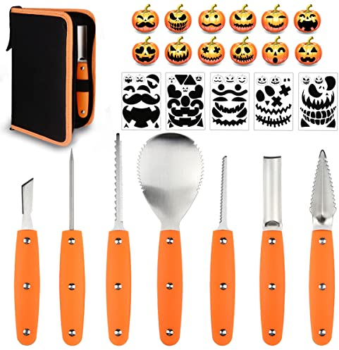 Hoshin Halloween Kürbis Schnitzset, Professionelle Hochleistungs-Edelstahlwerkzeuge mit Tragetasche (7-teiliges Set und 12-teiligen Carving-Schablonen-Schwarz)