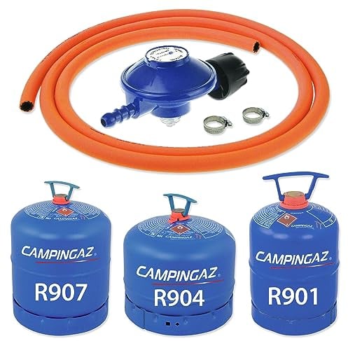 Butane Gas Bottle Regulator Kit 29mb - 30mb fits Campingaz Type 907 904 901 + 2m Orange Hose + 2 x Pipe Clips