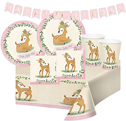 Kit n.13 set compleanno festa a tema cerbiatto coordinato sui toni del rosa per feste completa di piatti bicchieri tovaglioli e tovaglia