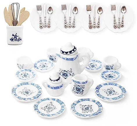 Odoria 1/12 Miniatur Teeservice Set Teller und Besteck Puppenhaus Zubehör, Blaue Blütenblätter