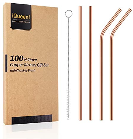 Kupfer-Trinkhalme, reines Kupfer-Trinkhalme, Geschenk-Set, lebensmittelecht, 21,6 cm lang, Handarbeit, gebogene und gerade Kupfer-Trinkhalme mit Reinigungsbürste (2 x gebogen + 2 x gerade)