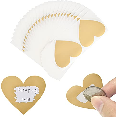 AINIUNIU 50 Stück Herz Rubbelaufkleber, Rubbellose Selber Machen, Scratch Sticker, Rubbelsticker Gold für Hochzeit, Weihnachten, Reisegutschein, Geburtstag Geschenke, 7x8cm